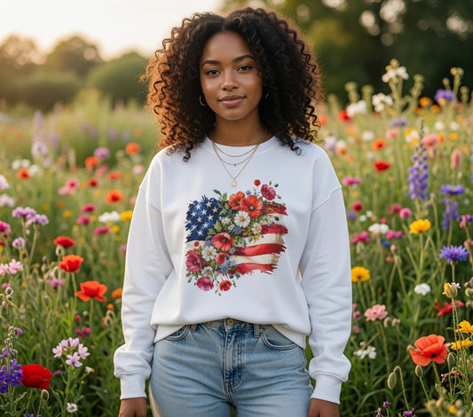 Floral American Flag sweatshirt | Stars and Stripes Flag with Watercolor Flowers sweatshirt
