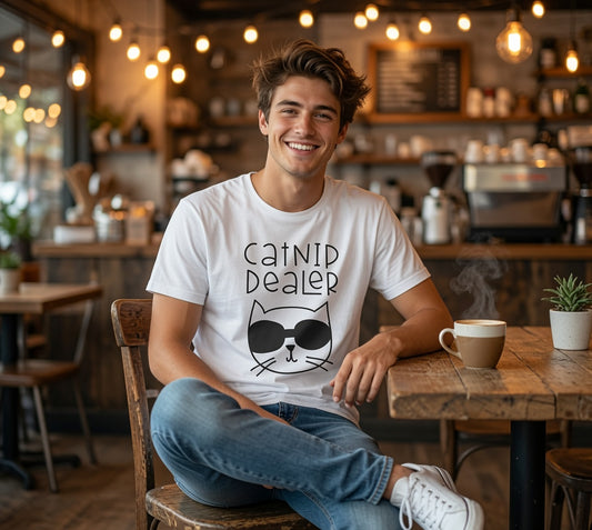 Catnip Dealer T-Shirt — Funny Cat Lover Tee with Sunglasses Cat Graphic