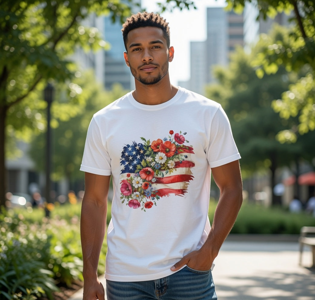 Floral American Flag Tee | Patriotic Flowers, USA Flag Shirt
