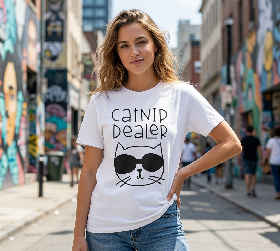 Catnip Dealer T-Shirt — Funny Cat Lover Tee with Sunglasses Cat Graphic