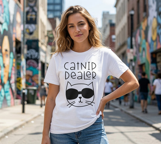 Catnip Dealer T-Shirt — Funny Cat Lover Tee with Sunglasses Cat Graphic