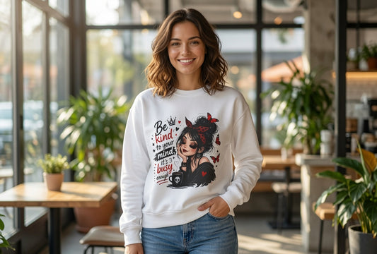 Be Kind to Your Mind illustration Sweatshirt | Girl with Coffee & Butterflies