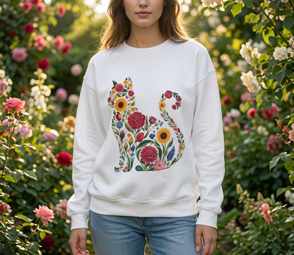 Floral Cat Silhouette Crewneck Sweatshirt | Botanical Kitty Design